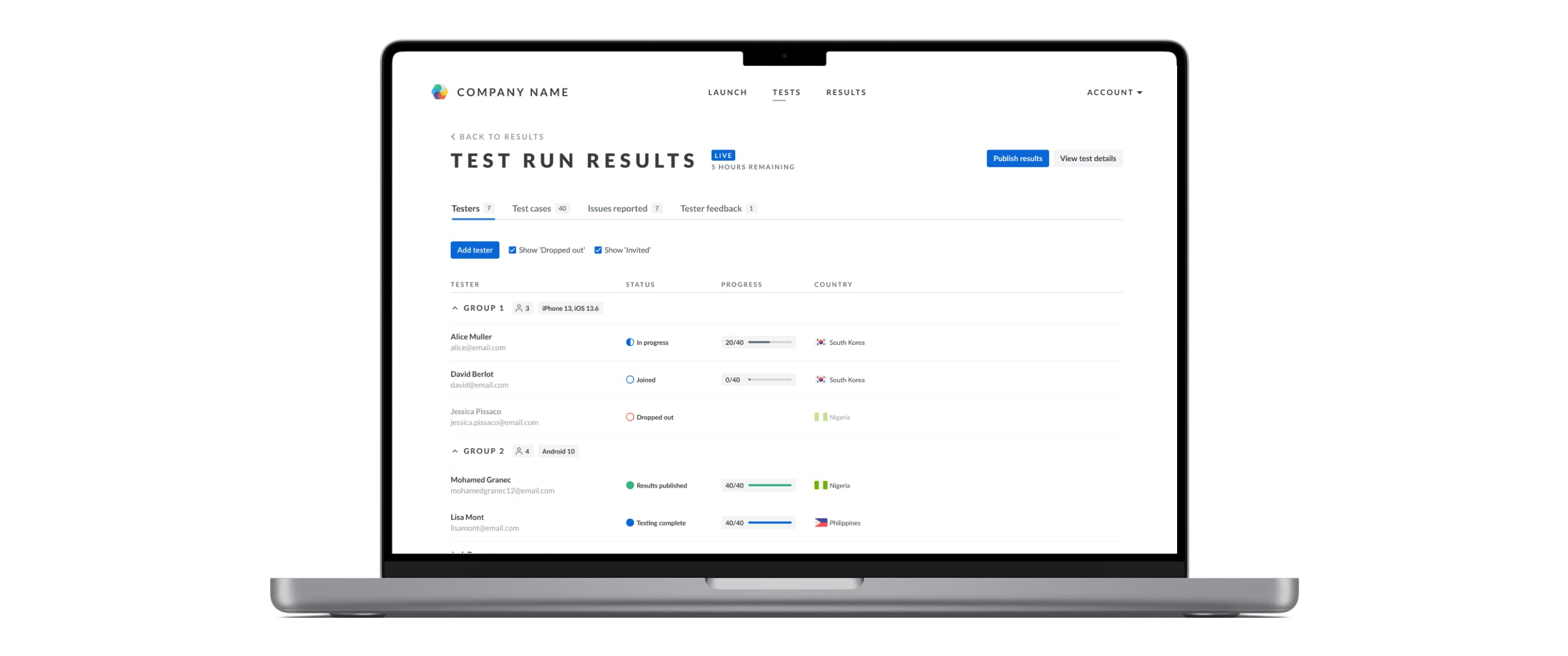 Global App Testing SaSS Dashboard mockup