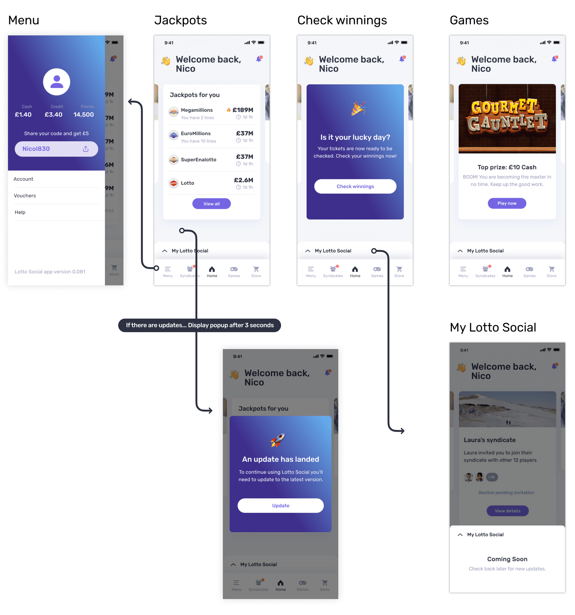 Lotto Social App hi-fidelity designs