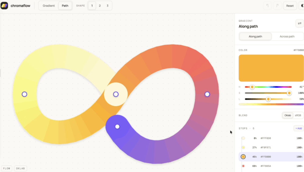 Chromaflow editor showing a multicolour gradient flowing around an infinity path with colour controls.